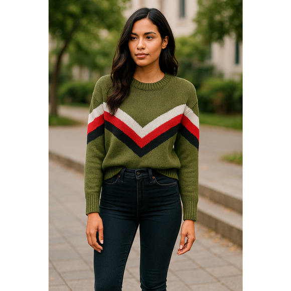 Marissa Webb Collective Women’s Sweater M Olive Green Chevron Stripe Crewneck Pu - Picture 1 of 12